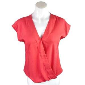Ann Taylor Women's Red Short Sleeve Faux Wrap V-Neck Blouse Shirt Top Size S